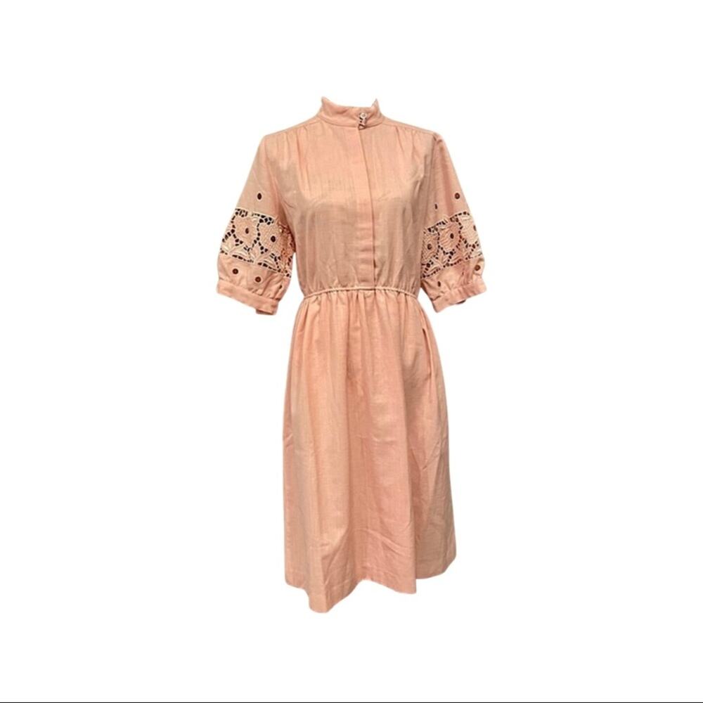 Vintage 80s Pink A-Line Secretary Shirt Dress Floral Lace Cutout Puff Sleeve